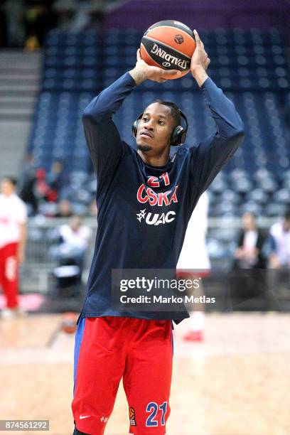 Will Clyburn, #21 of CSKA Moscow warms up during the 2017/2018 Turkish Airlines EuroLeague Regular Season Round 7 game between Crvena Zvezda mts...