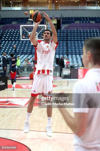 Marko Keselj, #4 of Crvena Zvezda mts Belgrade warms up during the 2017/2018 Turkish Airlines EuroLeague Regular Season Round 7 game between Crvena...