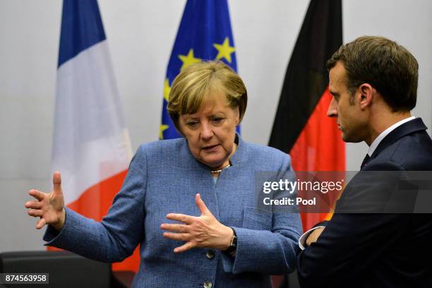 German Chancellor Angela Merkel and French president Emanuel Macron hold a bilateral talk during the UN Climate Change Conference COP23 on November...