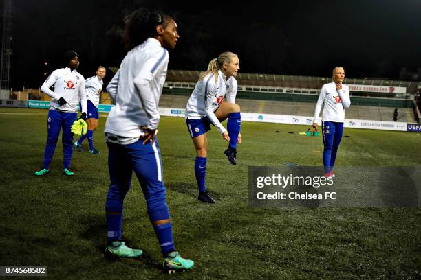 Magdalena Eriksson of Chelsea FC warms up prior to the UEFA Women's Champions League between Rosengard and Chelsea Ladies at Malmo Idrottsplats on...