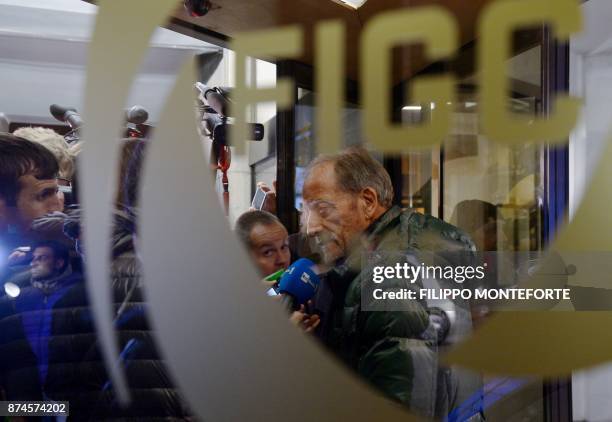 President of the Italian Football Coach Association, Renzo Ulivieri , speaks to journalists outside the Italian Football Federation headquarters on...