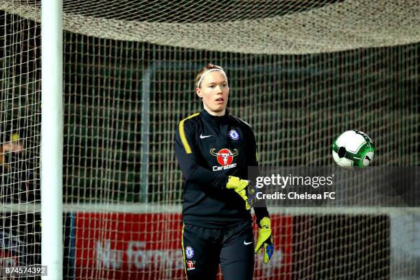 Hedvig Lindahl of Chelsea FC warms up prior to the UEFA Women's Champions League between Rosengard and Chelsea Ladies at Malmo Idrottsplats on...