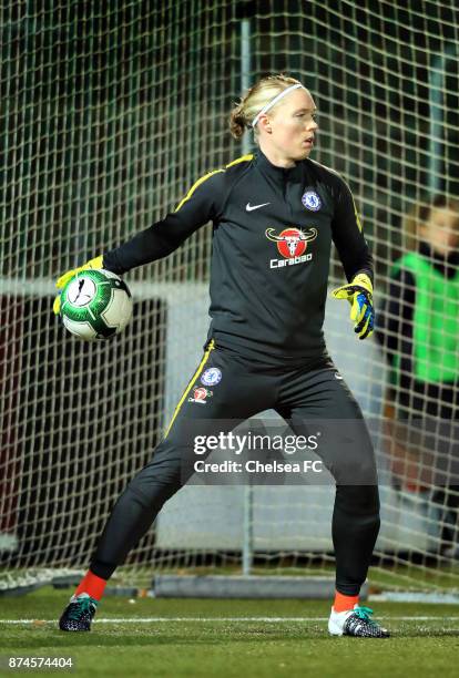 Hedvig Lindahl of Chelsea FC warms up prior to the UEFA Women's Champions League between Rosengard and Chelsea Ladies at Malmo Idrottsplats on...