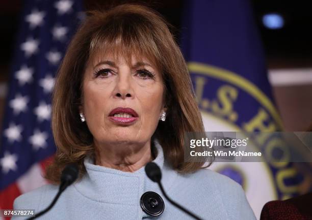 Rep. Jackie Speier speaks at a press conference on sexual harassment in Congress on November 15, 2017 in Washington, DC. Sen. Kirsten Gillibrand and...