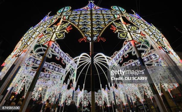 Light art installation entitled "Dome and Arches, Luminarie de Cagna" is pictured in the Market Place as part of Lumiere Durham light festival in...