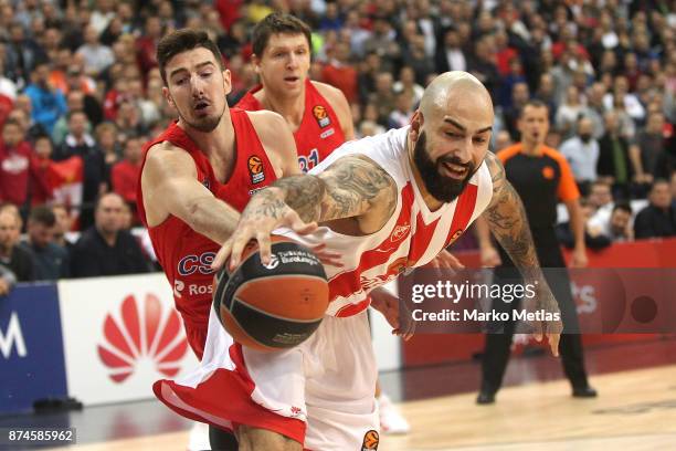 Pero Antic, #12 of Crvena Zvezda mts Belgrade competes with Nando de Colo, #1 of CSKA Moscow during the 2017/2018 Turkish Airlines EuroLeague Regular...