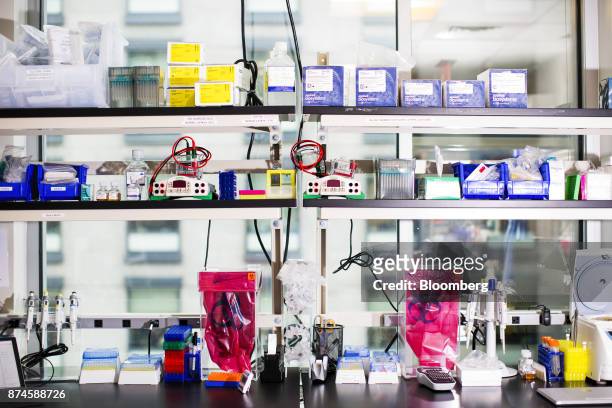 Laboratory equipment sits on shelves at the Moderna Therapeutics Inc. Facility in Cambridge, Massachusetts, U.S., on Tuesday, Nov. 14, 2017. Moderna...