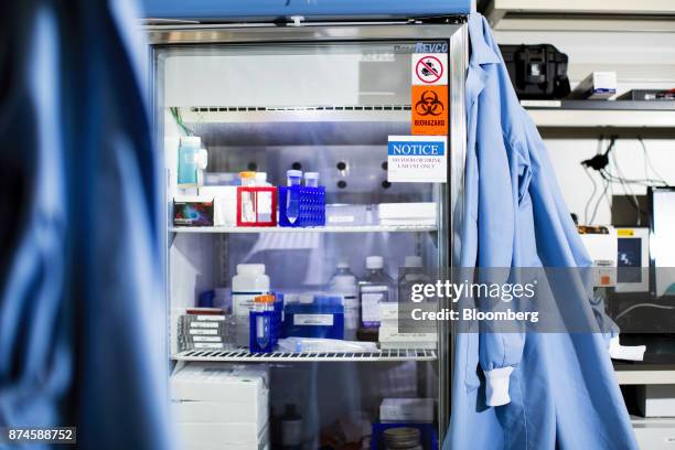 Chemicals sit inside a refrigerator at the Moderna Therapeutics Inc. Lab in Cambridge, Massachusetts, U.S., on Tuesday, Nov. 14, 2017. Moderna this...