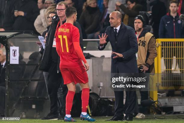 Coach Roberto Martinez of Belgium give instructions to Kevin Mirallas of Belgium during the friendly match between Belgium and Japan on November 14,...