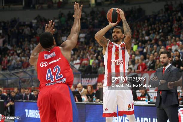 James Feldeine, #14 of Crvena Zvezda mts Belgrade competes with Kyle Hines, #42 of CSKA Moscow during the 2017/2018 Turkish Airlines EuroLeague...