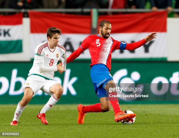 Celso Borges of Costa Rica wins the ball from Adam Nagy of Hungary during the at Groupama Arena on November 14, 2017 in Budapest, Hungary.