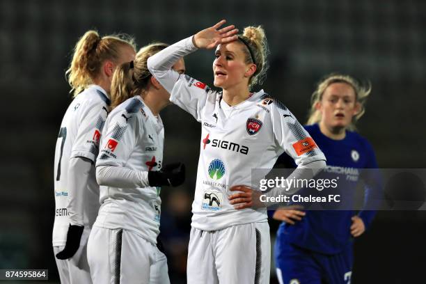 Anja Mittag of FC Rosengard reacts during the UEFA Women's Champions League between Rosengard and Chelsea Ladies at Malmo Idrottsplats on November...