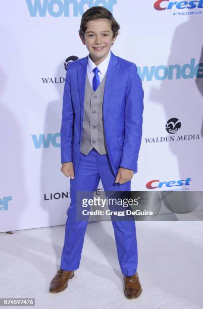 Noah Jupe arrives at the premiere of Lionsgate's "Wonder" at Regency Village Theatre on November 14, 2017 in Westwood, California.