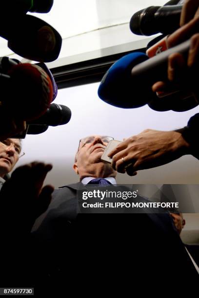 Italian Football Federation Carlo Tavecchio speaks to journalists outside the Italian Football Federation headquarters on November 15 2017, in Rome....