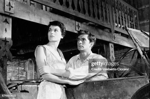 Actors Silvana Mangano and Anthony Perkins during the shooting of 'This Angry Age' at Cinecittà Studios, Rome, 1957.