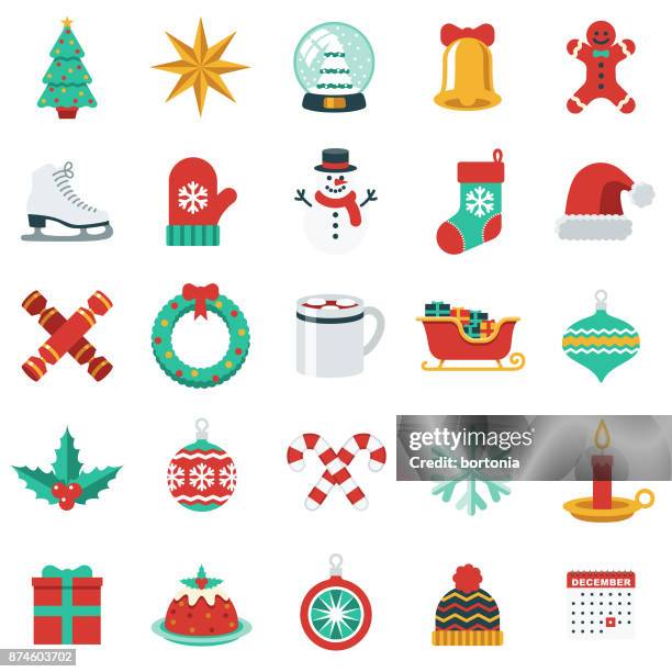 ilustraciones, imágenes clip art, dibujos animados e iconos de stock de icono de navidad situado en estilo de diseño plano - grupo de objetos