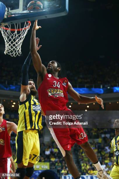 Hollis Thompson, #34 of Olympiacos Piraeus and Luigi Datome, #70 of Fenerbahce Dogus Istanbul in action during the 2017/2018 Turkish Airlines...