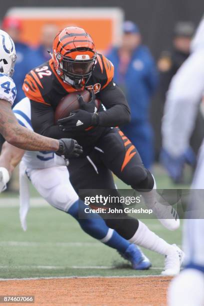 Jeremy Hill of the Cincinnati Bengals runs the football upfield during the game against the Indianapolis Colts at Paul Brown Stadium on October 29,...