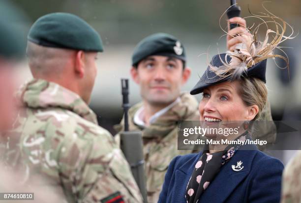 Sophie, Countess of Wessex inspects soldiers of 5 Rifles as she attends their homecoming parade following a nine month operational deployment to...