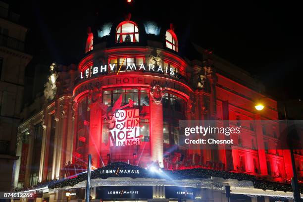 General view of the illuminated facade of the BHV Marais department store after the inauguration of the store's Christmas illuminations and animated...