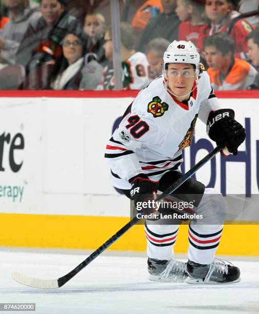 John Hayden of the Chicago Blackhawks skates against the Philadelphia Flyers on November 9, 2017 at the Wells Fargo Center in Philadelphia,...