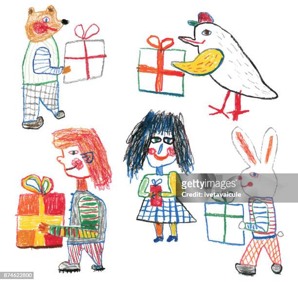人, 熊和小兔子的禮品盒 - kids art 幅插畫檔、美工圖案、卡通及圖標