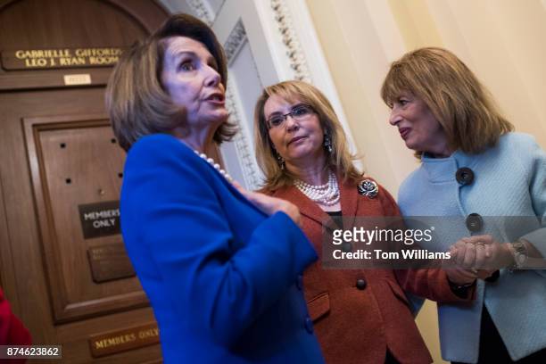 From left, House Minority Leader Nancy Pelosi, D-Calif., former Rep. Gabrielle Giffords, D-Ariz., and Rep. Jackie Speier, D-Calif., pose outside the...