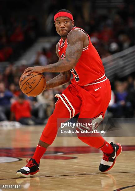 Kay Felder of the Chicago Bulls passes against the Indiana Pacers at the United Center on November 10, 2017 in Chicago, Illinois. The Pacers defeated...