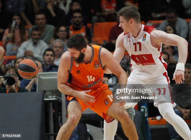 Bojan Dubljevic, #14 of Valencia Basket competes with Arturas Gudaitis, #77 of AX Armani Exchange Olimpia Milan during the 2017/2018 Turkish Airlines...