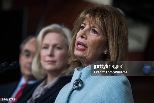 Rep. Jackie Speier, D-Calif., right, Sen. Kirsten Gillibrand, D-N.Y., and Bruce Poliquin, R-Maine, hold a news conference in the Capitol Visitor...