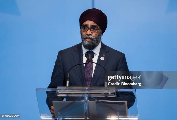 Harjit Sajjan, Canada's defense minister, speaks during the 2017 UN Peacekeeping Defence Ministerial conference in Vancouver, British Columbia,...