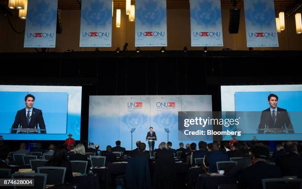 Justin Trudeau, Canada's prime minister, speaks during the 2017 UN Peacekeeping Defence Ministerial conference in Vancouver, British Columbia,...