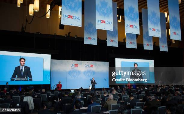 Justin Trudeau, Canada's prime minister, speaks during the 2017 UN Peacekeeping Defence Ministerial conference in Vancouver, British Columbia,...