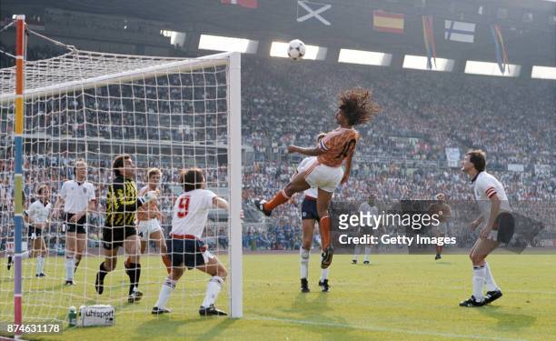 Ruud Gullit of Holland heads towards goal watched by Peter Shilton, Peter Beardsley and Bryan Robson during the European Championship match against...