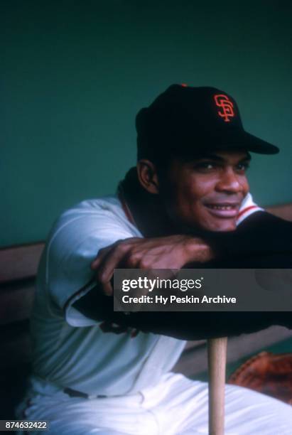 Felipe Alou of the San Francisco Giants poses for a portrait while sitting in the dugout before an MLB game circa 1960 at Candlestick Park in San...