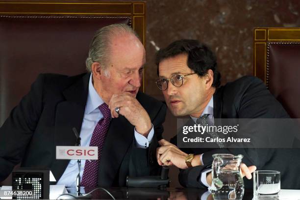 King Juan Carlos and Jaime Haddad Sanchez de Cueto preside the FONDENA Award 2017 at the CESIC on November 15, 2017 in Madrid, Spain.