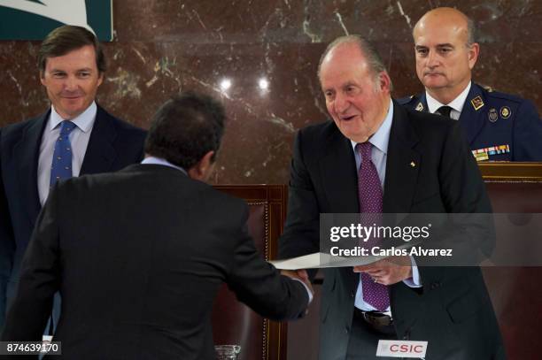 Miguel Angel Ferrer Baena receives from King Juan Carlos the FONDENA Award 2017 at the CESIC on November 15, 2017 in Madrid, Spain. Behind Juan...