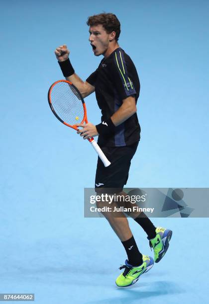 Pablo Carreno Busta of Spain celebrates during the singles match against Dominic Thiem of Austria on day four of the 2017 Nitto ATP World Tour Finals...