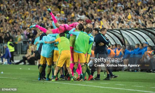 Nov. 15, 2017 : Players of Australia celebrate during the FIFA world cup 2018 Qualifiers intercontinental Playoff match between Australia and...