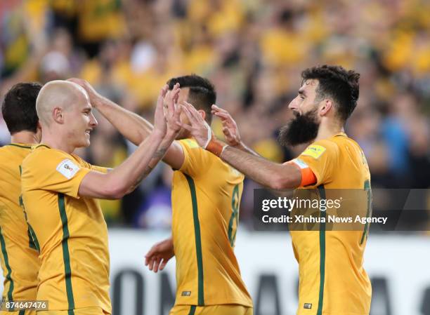 Nov. 15, 2017 : Mile Jedinak and Aaron Mooy of Australia celebrate scoring during the FIFA world cup 2018 Qualifiers intercontinental Playoff match...