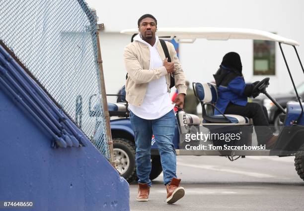 Jerry Hughes of the Buffalo Bills arrives at the stadium before the start of NFL game action against the New Orleans Saints at New Era Field on...