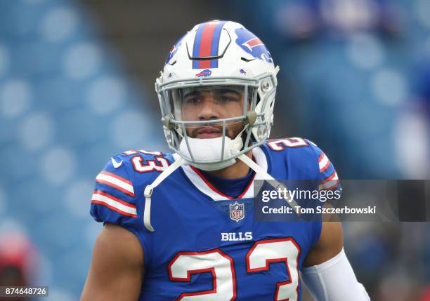 Micah Hyde of the Buffalo Bills warms up before the start of NFL game action against the New Orleans Saints at New Era Field on November 12, 2017 in...