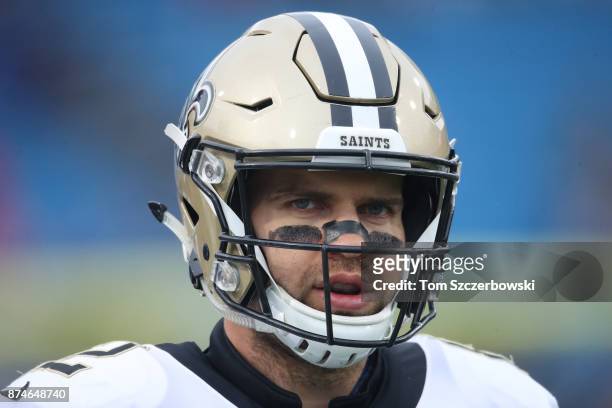 Coby Fleener of the New Orleans Saints warms up before the start of NFL game action against the Buffalo Bills at New Era Field on November 12, 2017...