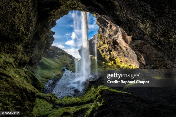 panoramic picture of the kvernufoss waterfall, south of iceland. - iceland waterfall stock-fotos und bilder