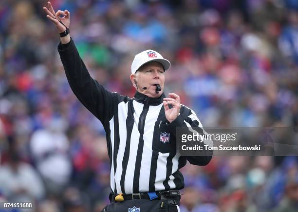 Referee Terry McAulay blows his whistle during the Buffalo Bills NFL game against the New Orleans Saints at New Era Field on November 12, 2017 in...