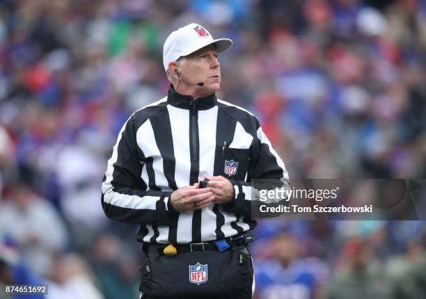 Referee Terry McAulay looks on during the Buffalo Bills NFL game against the New Orleans Saints at New Era Field on November 12, 2017 in Buffalo, New...