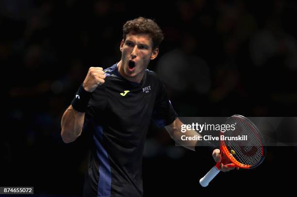 Pablo Carreno Busta of Spain celebrates during the singles match against Dominic Thiem of Austria on day four of the 2017 Nitto ATP World Tour Finals...