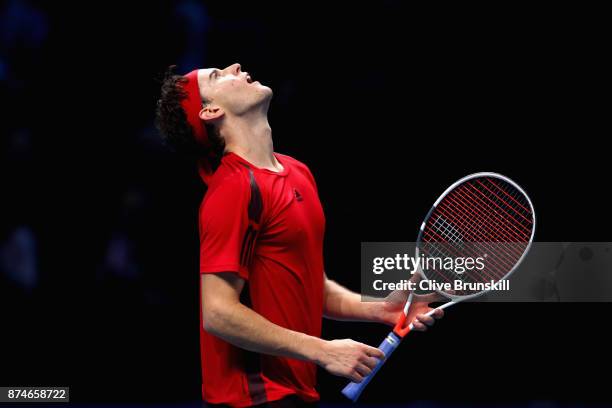 Dominic Thiem of Austria celebrates victory during the singles match against Pablo Carreno Busta of Spain on day four of the 2017 Nitto ATP World...