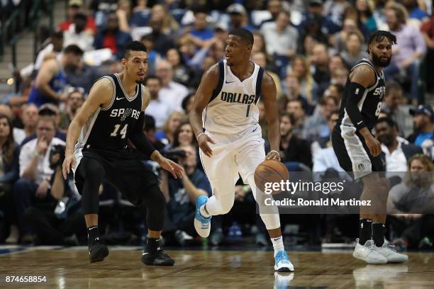 Dennis Smith Jr. #1 of the Dallas Mavericks in the second half at American Airlines Center on November 14, 2017 in Dallas, Texas. NOTE TO USER: User...