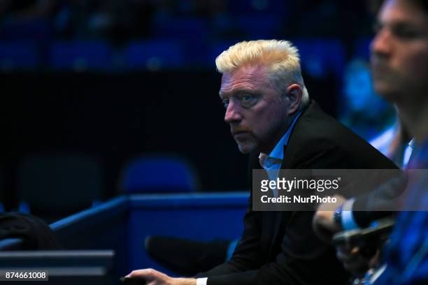 Boris Becker watches on during the singles match between Pablo Carreno Busta of Spain and Dominic Thiem of Austria on day four of the 2017 Nitto ATP...